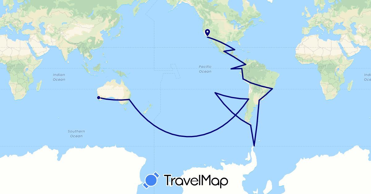 TravelMap itinerary: driving in Argentina, Australia, Bolivia, Brazil, Chile, Colombia, Ecuador, Mexico, Peru, United States (North America, Oceania, South America)